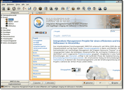 An internet browser (the example shows the IMPETUS homepage) in the working window of the IMPETUS SDSS Framework.